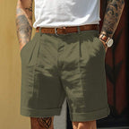 Men's Tailored Cotton Linen Blend Shorts - Pleated Front, Cuffed Hem Green