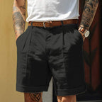 Men's Tailored Cotton Linen Blend Shorts - Pleated Front, Cuffed Hem Black