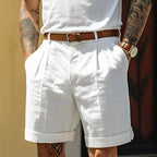 Men's Tailored Cotton Linen Blend Shorts - Pleated Front, Cuffed Hem White