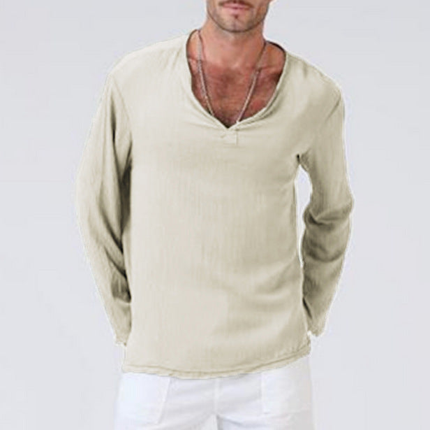 Men's V-Neck Long Sleeve T-Shirt - Cotton Linen Blend, Relaxed Fit Casual Khaki