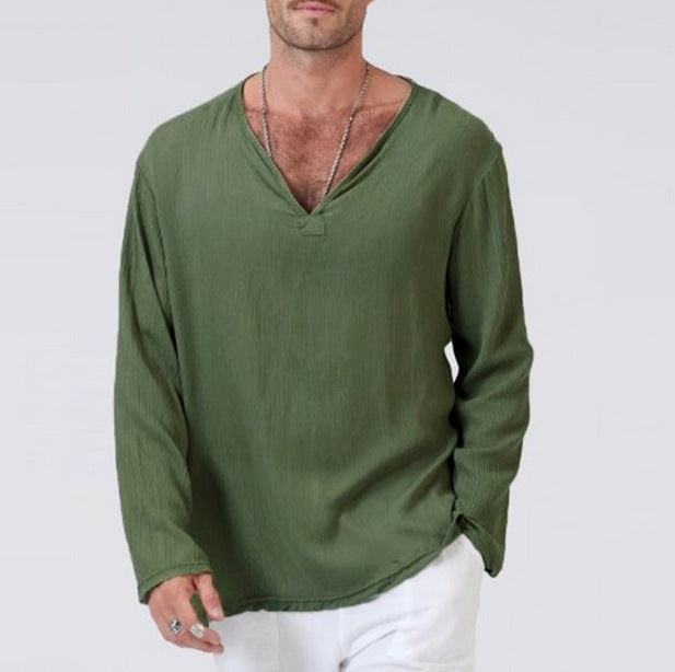 Men's V-Neck Long Sleeve T-Shirt - Cotton Linen Blend, Relaxed Fit Casual Green