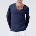 Men's V-Neck Long Sleeve T-Shirt - Cotton Linen Blend, Relaxed Fit Casual Navy