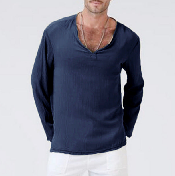 Men's V-Neck Long Sleeve T-Shirt - Cotton Linen Blend, Relaxed Fit Casual Navy