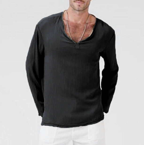 Men's V-Neck Long Sleeve T-Shirt - Cotton Linen Blend, Relaxed Fit Casual Black