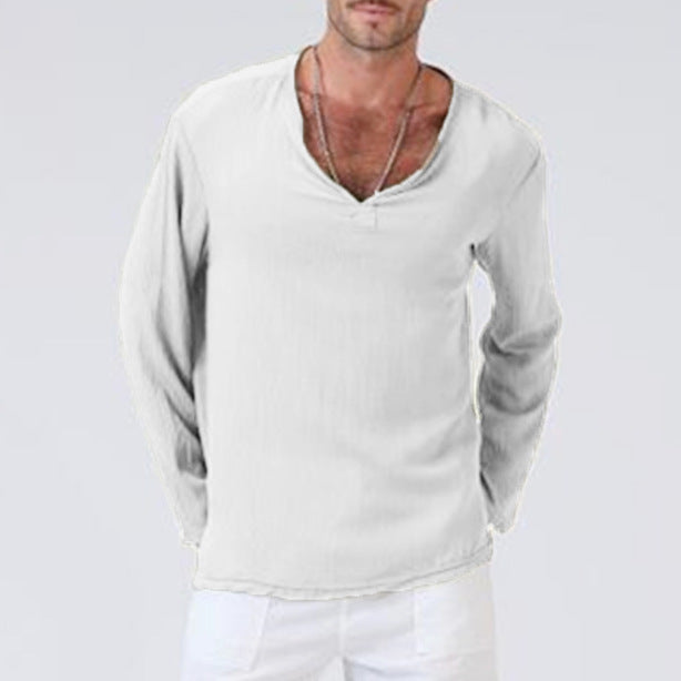 Men's V-Neck Long Sleeve T-Shirt - Cotton Linen Blend, Relaxed Fit Casual White