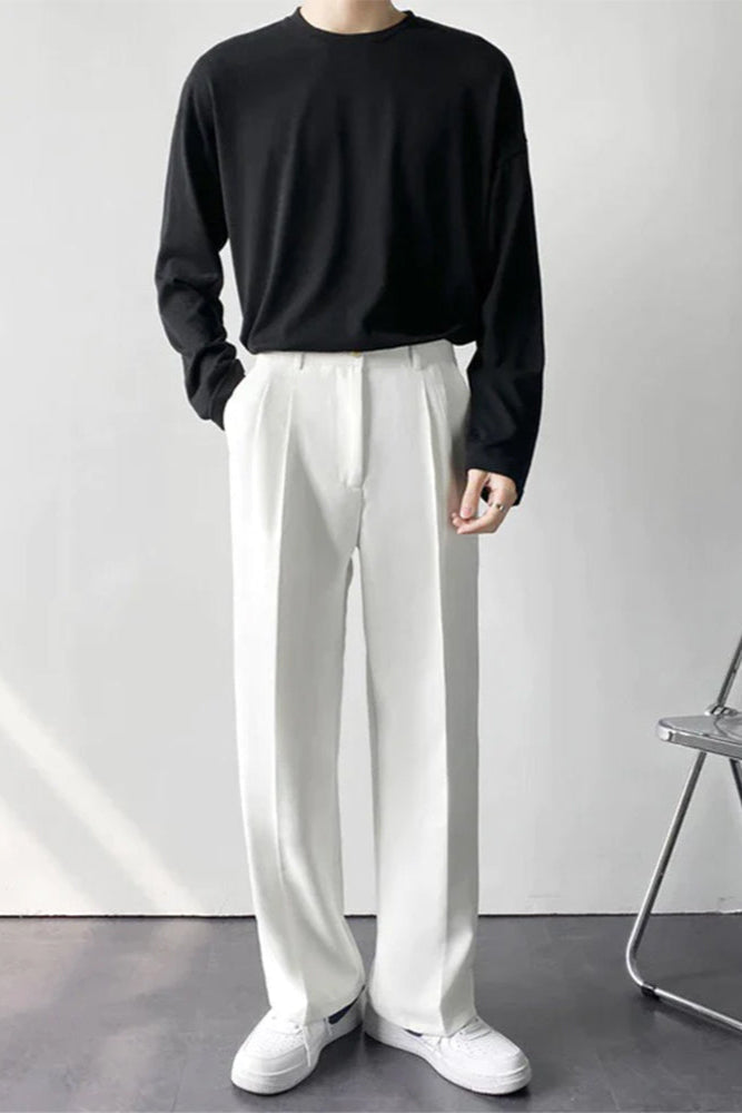 Men’s Wide Leg Tailored Trousers – Relaxed Fit Smart-Casual Style for Everyday Wear White