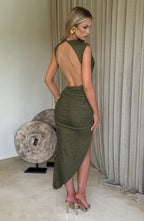 Midi Dress for Women - Elegant Textured Fabric, High Neckline, Open Back, Ruching | Khaki