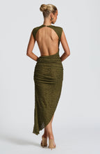 Midi Dress for Women - Elegant Textured Fabric, High Neckline, Open Back, Ruching | Khaki