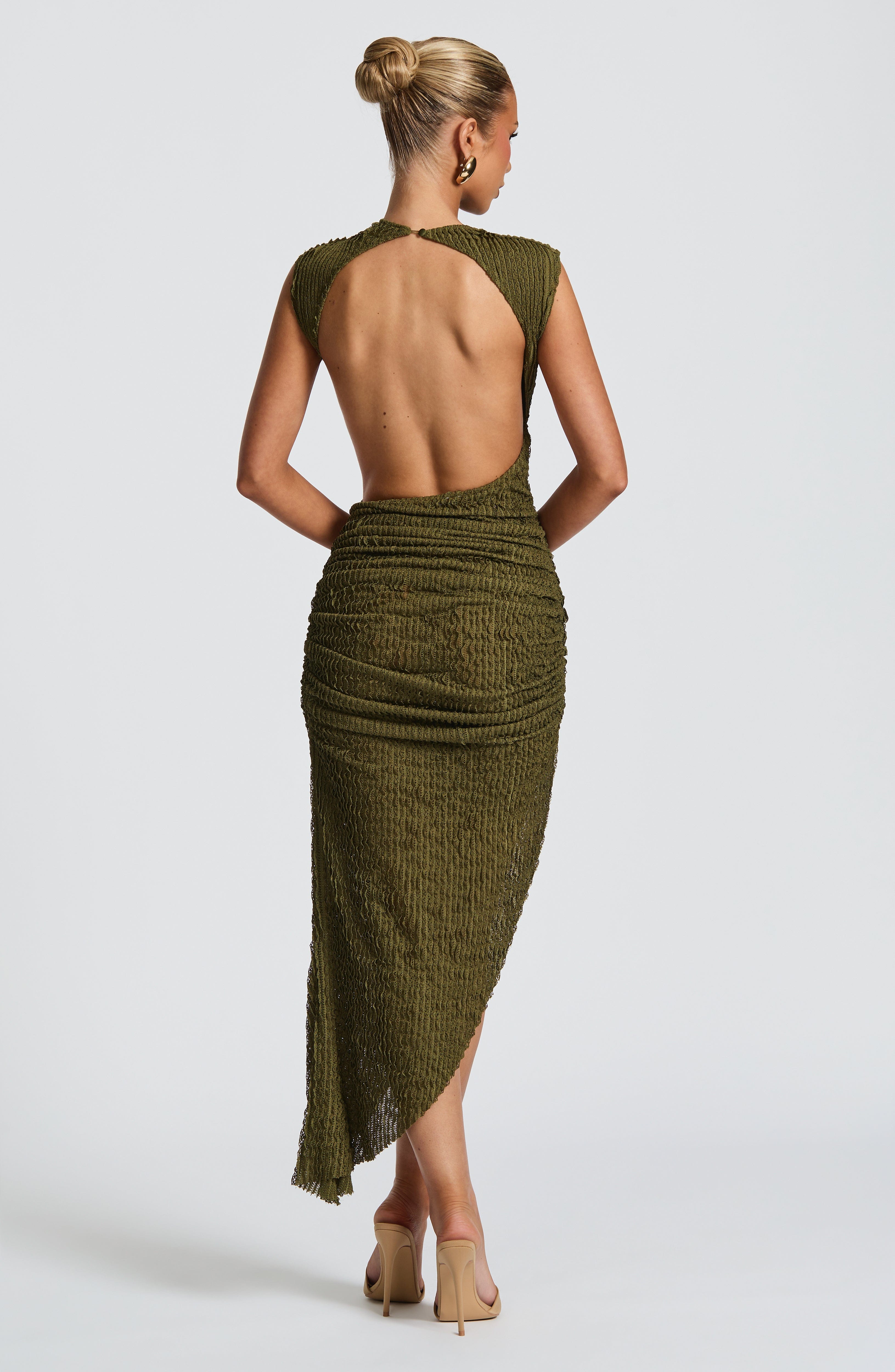 Midi Dress for Women - Elegant Textured Fabric, High Neckline, Open Back, Ruching | Khaki