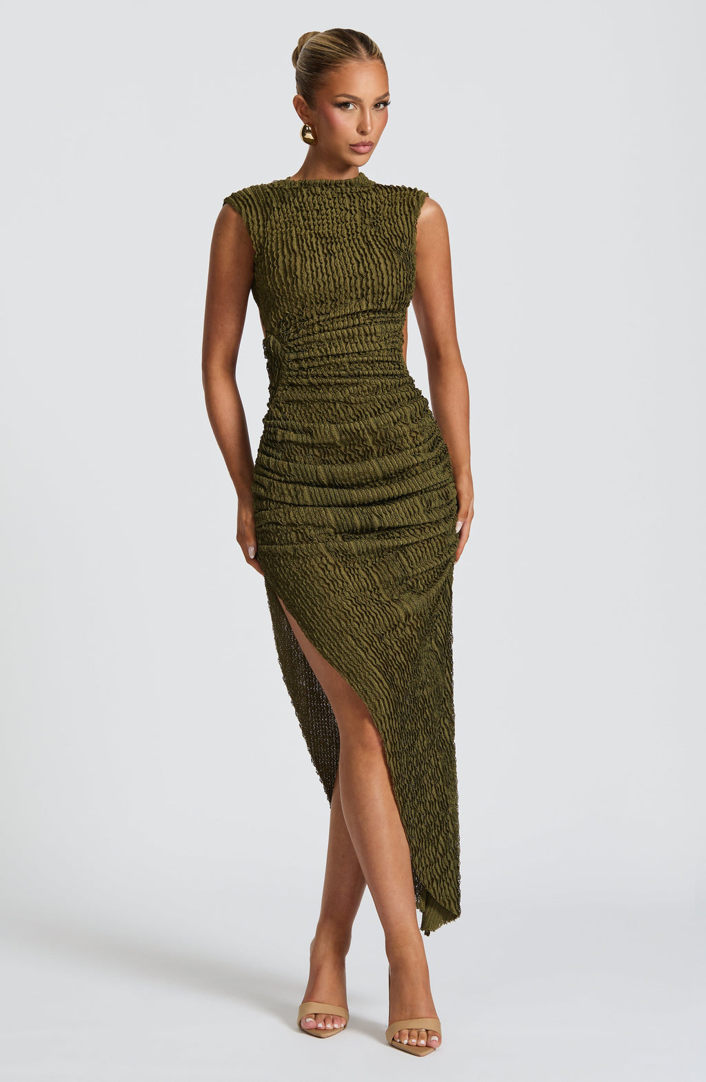 Midi Dress for Women - Elegant Textured Fabric, High Neckline, Open Back, Ruching | Khaki