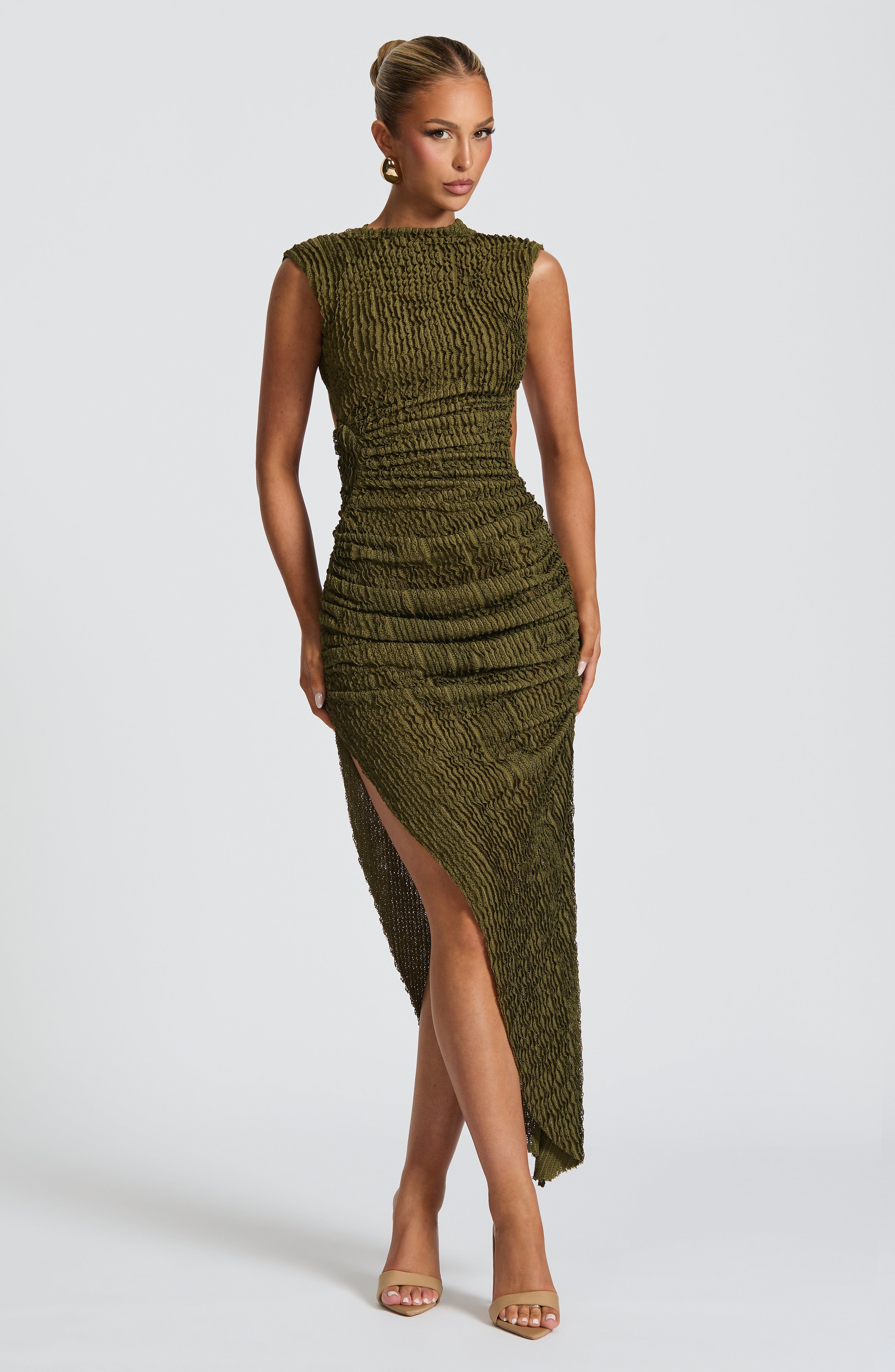Midi Dress for Women - Elegant Textured Fabric, High Neckline, Open Back, Ruching | Khaki