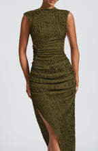 Midi Dress for Women - Elegant Textured Fabric, High Neckline, Open Back, Ruching | Khaki