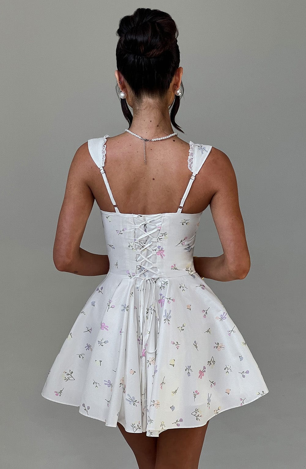 Women's Floral Print Mini Dress with Cinched Waist and Adjustable Straps for Garden Parties | White