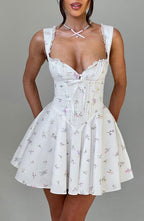 Women's Floral Print Mini Dress with Cinched Waist and Adjustable Straps for Garden Parties | White