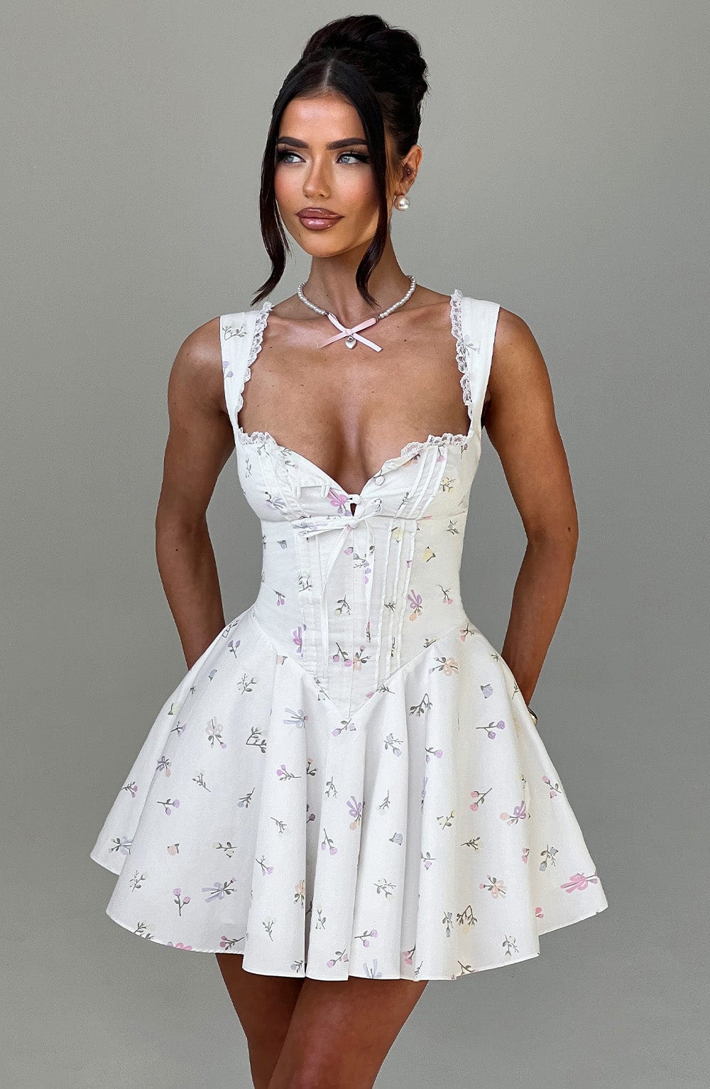Women's Floral Print Mini Dress with Cinched Waist and Adjustable Straps for Garden Parties | White