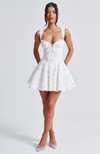 Women's Floral Print Mini Dress with Cinched Waist and Adjustable Straps for Garden Parties | White
