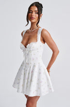 Women's Floral Print Mini Dress with Cinched Waist and Adjustable Straps for Garden Parties | White