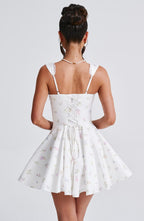 Women's Floral Print Mini Dress with Cinched Waist and Adjustable Straps for Garden Parties | White