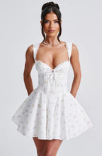 Women's Floral Print Mini Dress with Cinched Waist and Adjustable Straps for Garden Parties | White