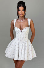Women's Floral Print Mini Dress with Cinched Waist and Adjustable Straps for Garden Parties | White