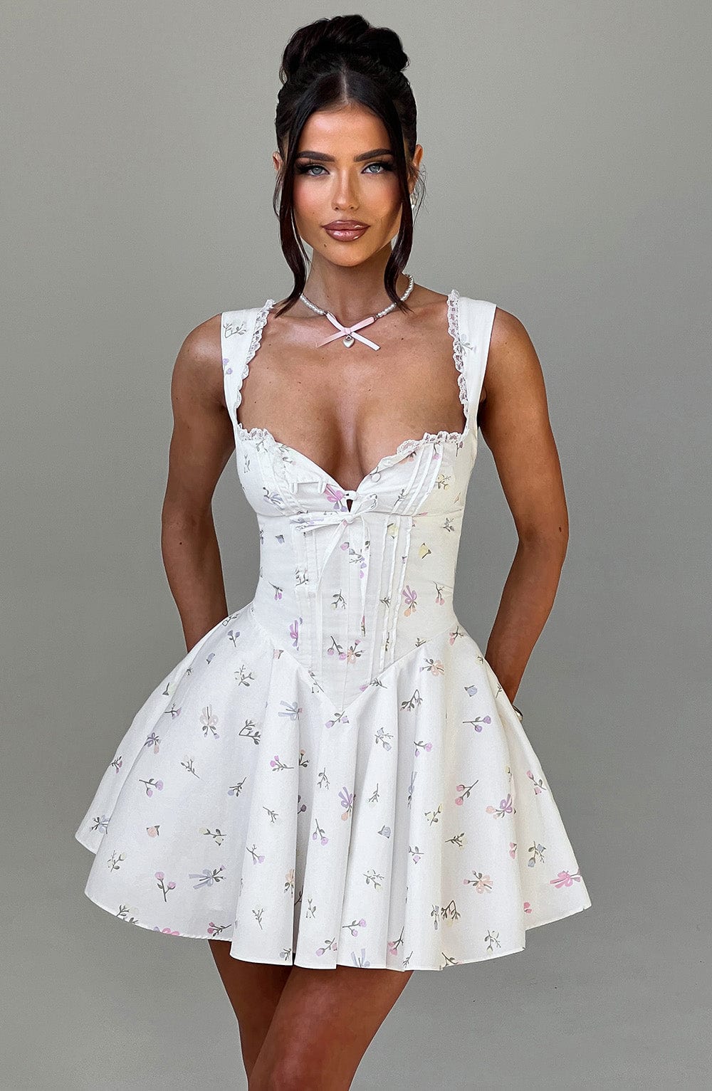 Women's Floral Print Mini Dress with Cinched Waist and Adjustable Straps for Garden Parties | White