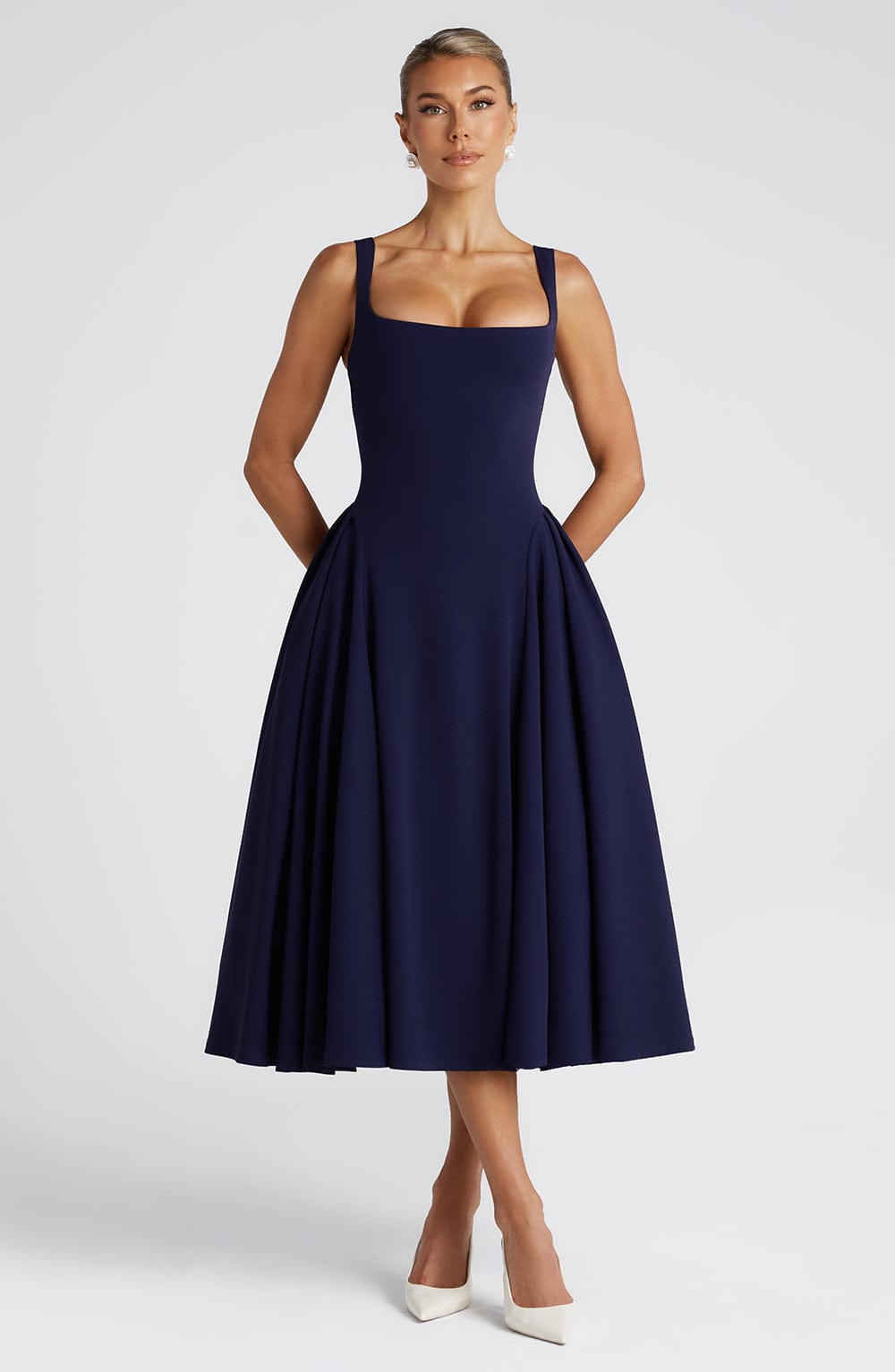 Women's Midi Dress - Elegant Stretch Crepe, Square Neckline, Godet Skirt, Fully Lined | Navy