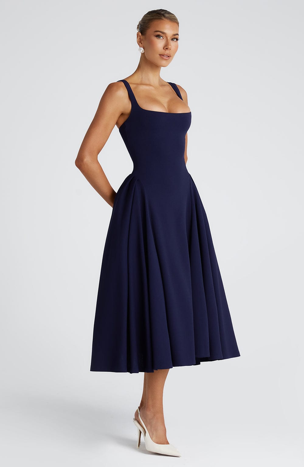 Women's Midi Dress - Elegant Stretch Crepe, Square Neckline, Godet Skirt, Fully Lined | Navy