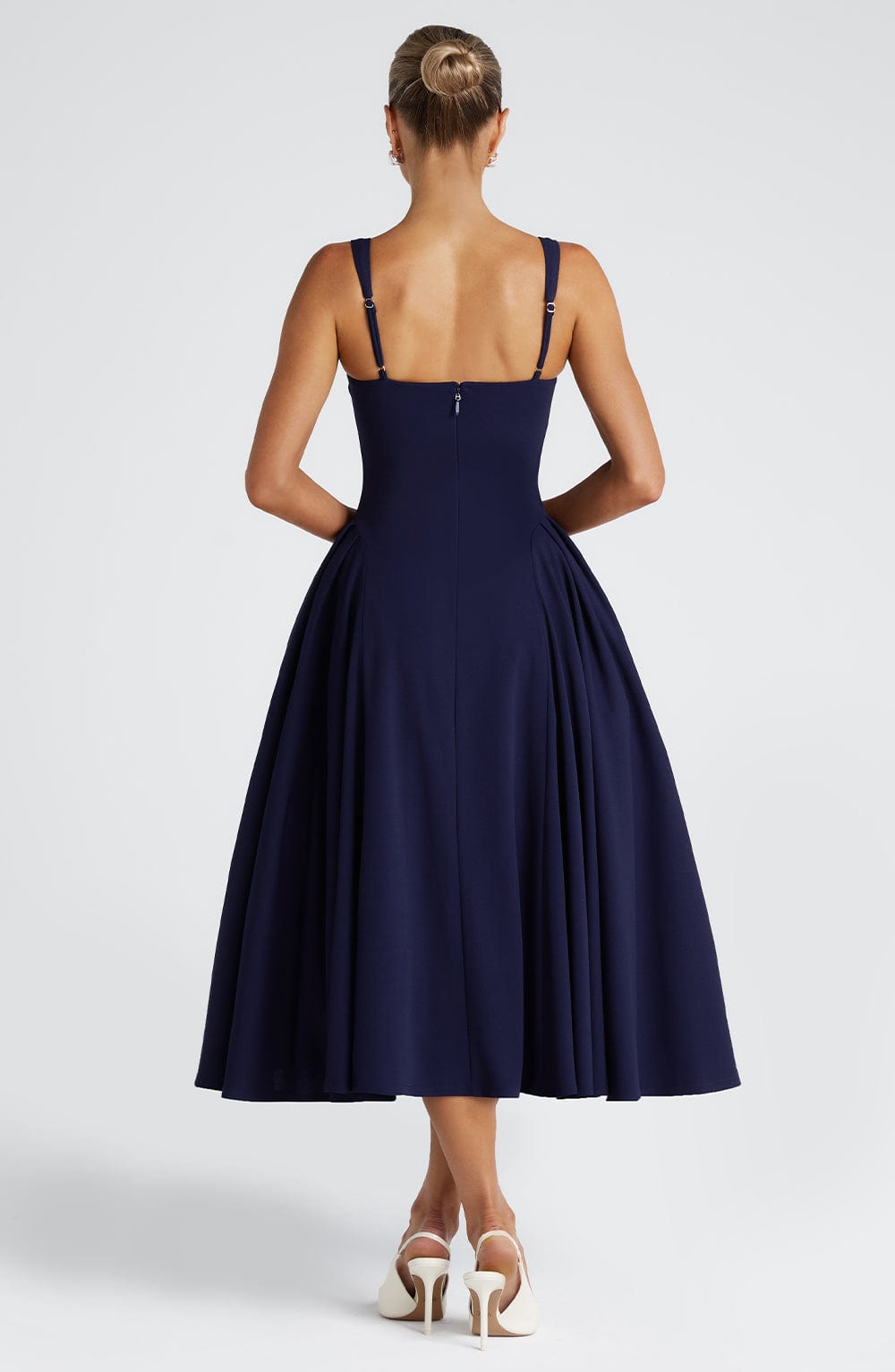 Women's Midi Dress - Elegant Stretch Crepe, Square Neckline, Godet Skirt, Fully Lined | Navy