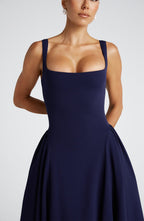 Women's Midi Dress - Elegant Stretch Crepe, Square Neckline, Godet Skirt, Fully Lined | Navy