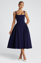 Women's Midi Dress - Elegant Stretch Crepe, Square Neckline, Godet Skirt, Fully Lined | Navy