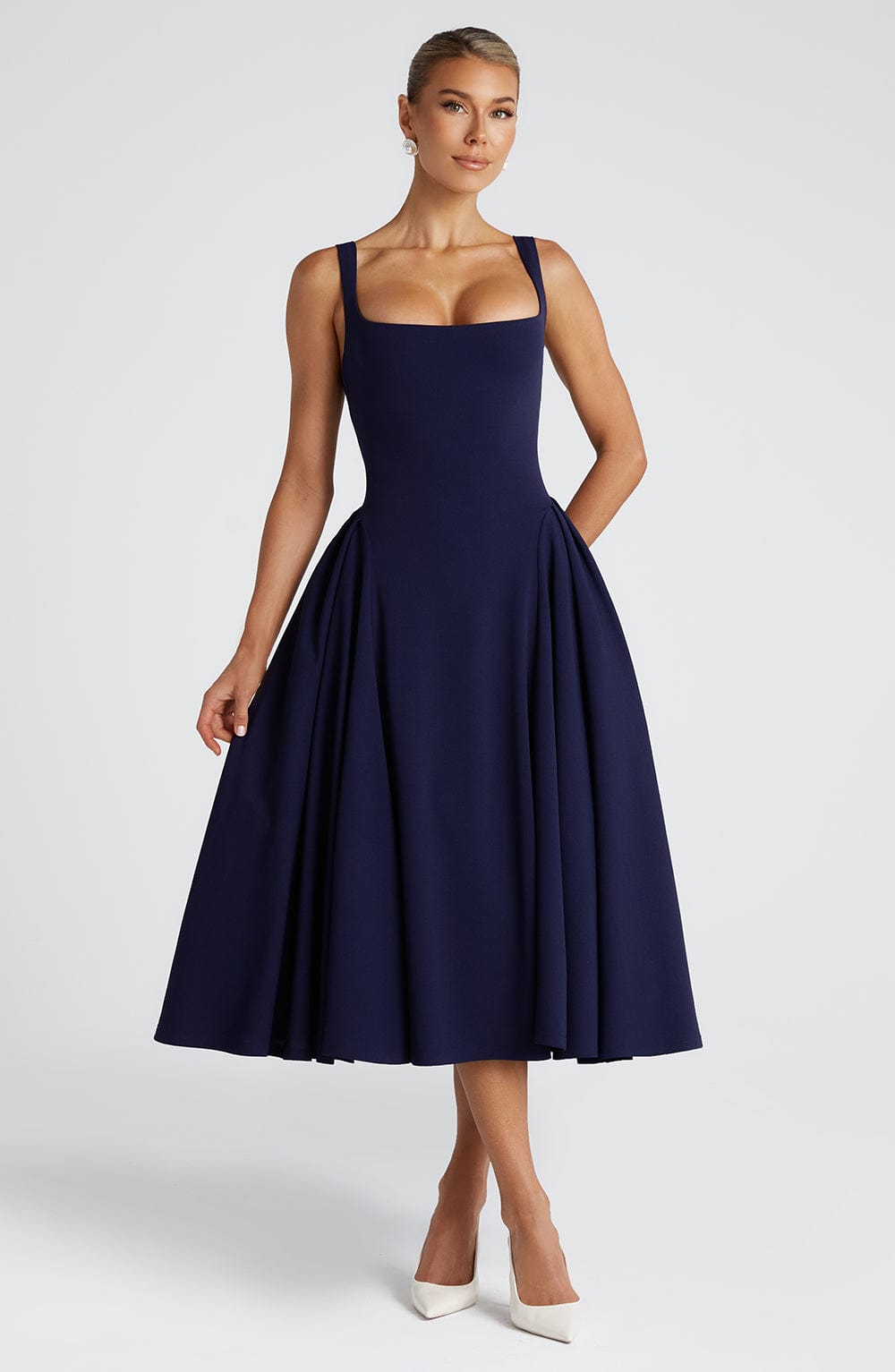 Women's Midi Dress - Elegant Stretch Crepe, Square Neckline, Godet Skirt, Fully Lined | Navy