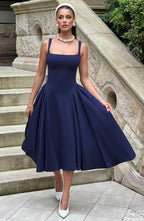 Women's Midi Dress - Elegant Stretch Crepe, Square Neckline, Godet Skirt, Fully Lined | Navy