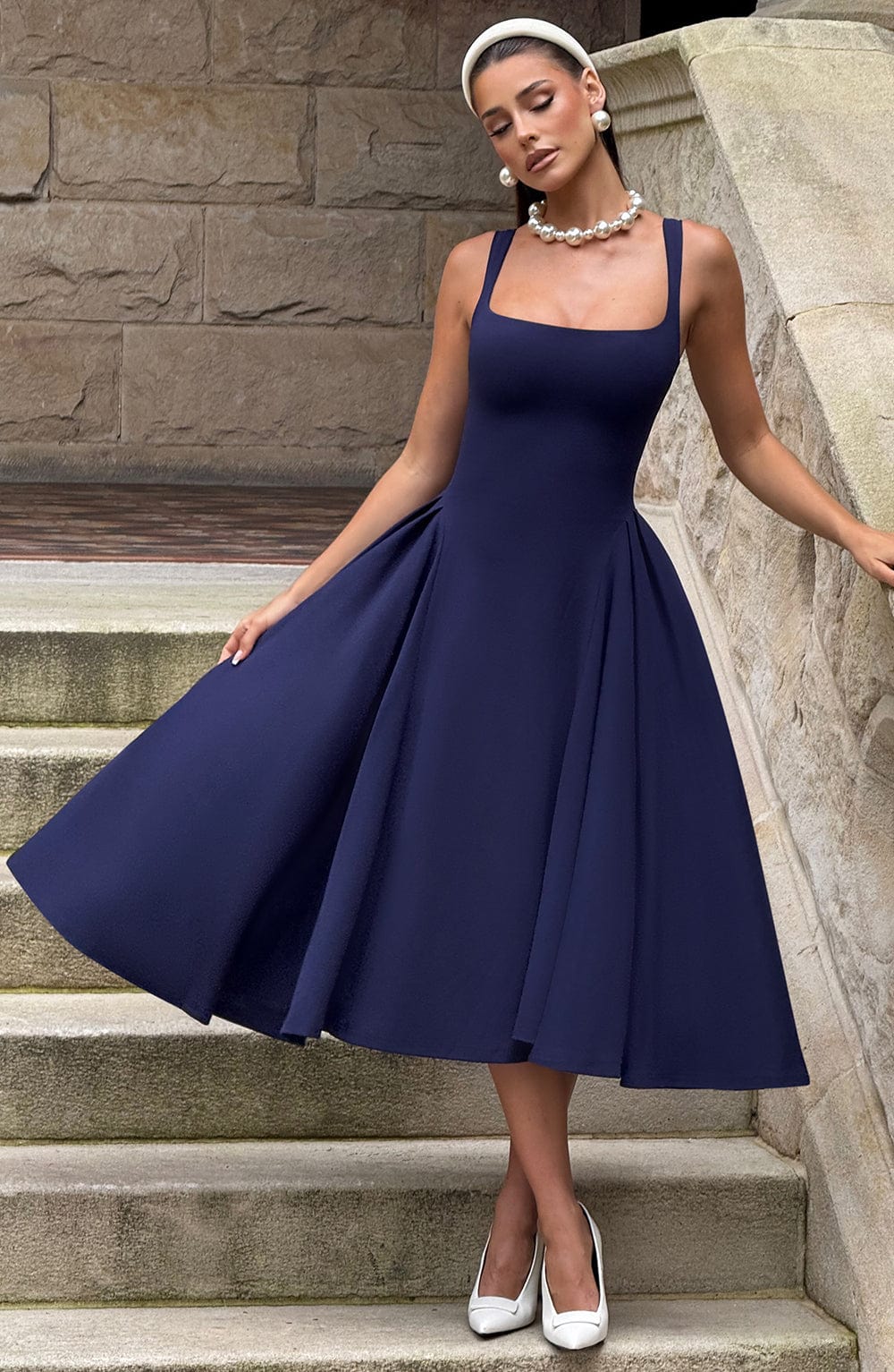 Women's Midi Dress - Elegant Stretch Crepe, Square Neckline, Godet Skirt, Fully Lined | Navy