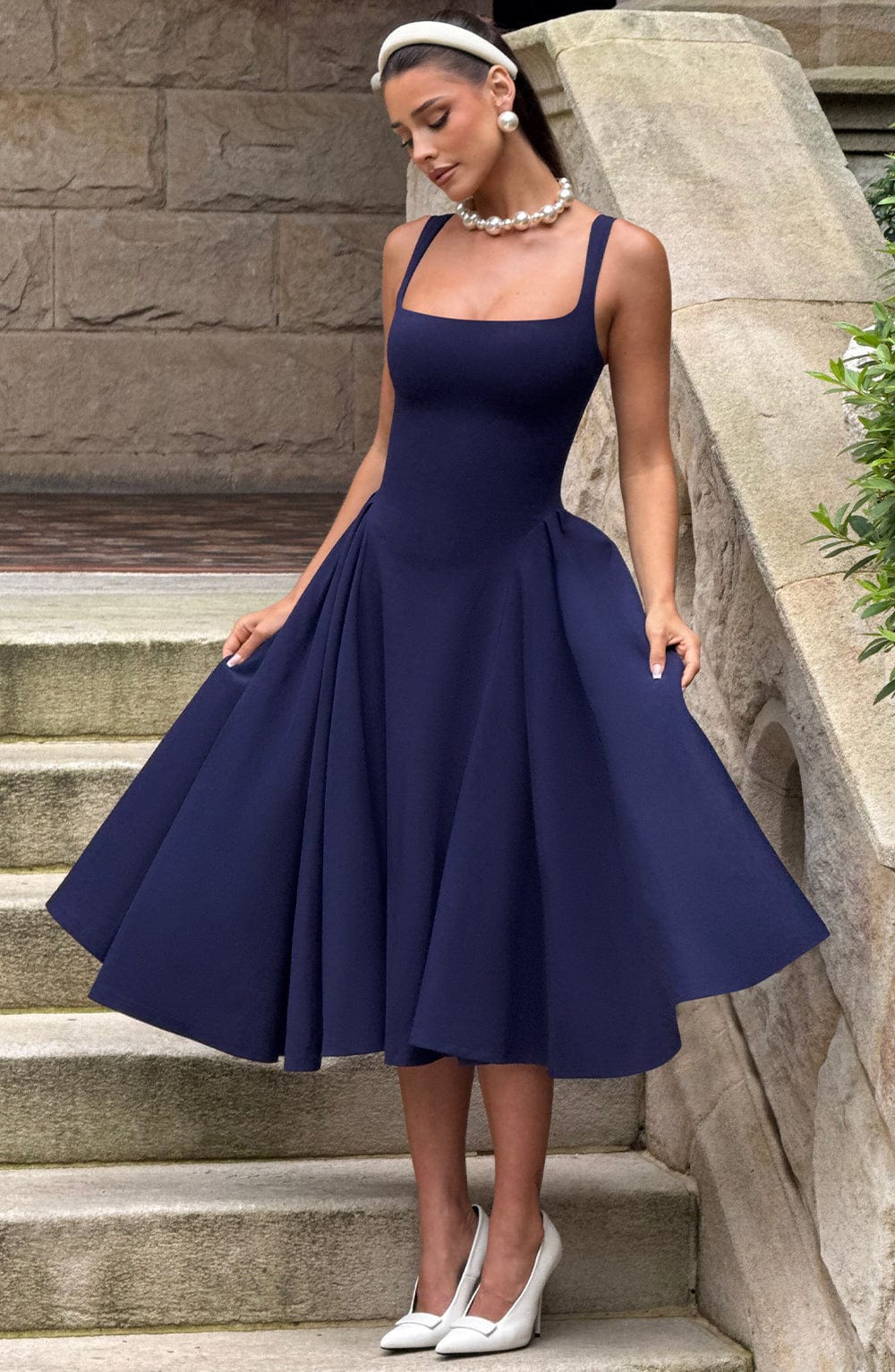 Women's Midi Dress - Elegant Stretch Crepe, Square Neckline, Godet Skirt, Fully Lined | Navy