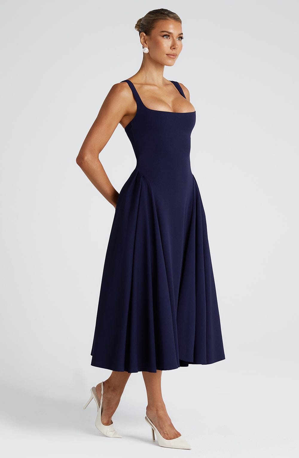 Women's Midi Dress - Elegant Stretch Crepe, Square Neckline, Godet Skirt, Fully Lined | Navy