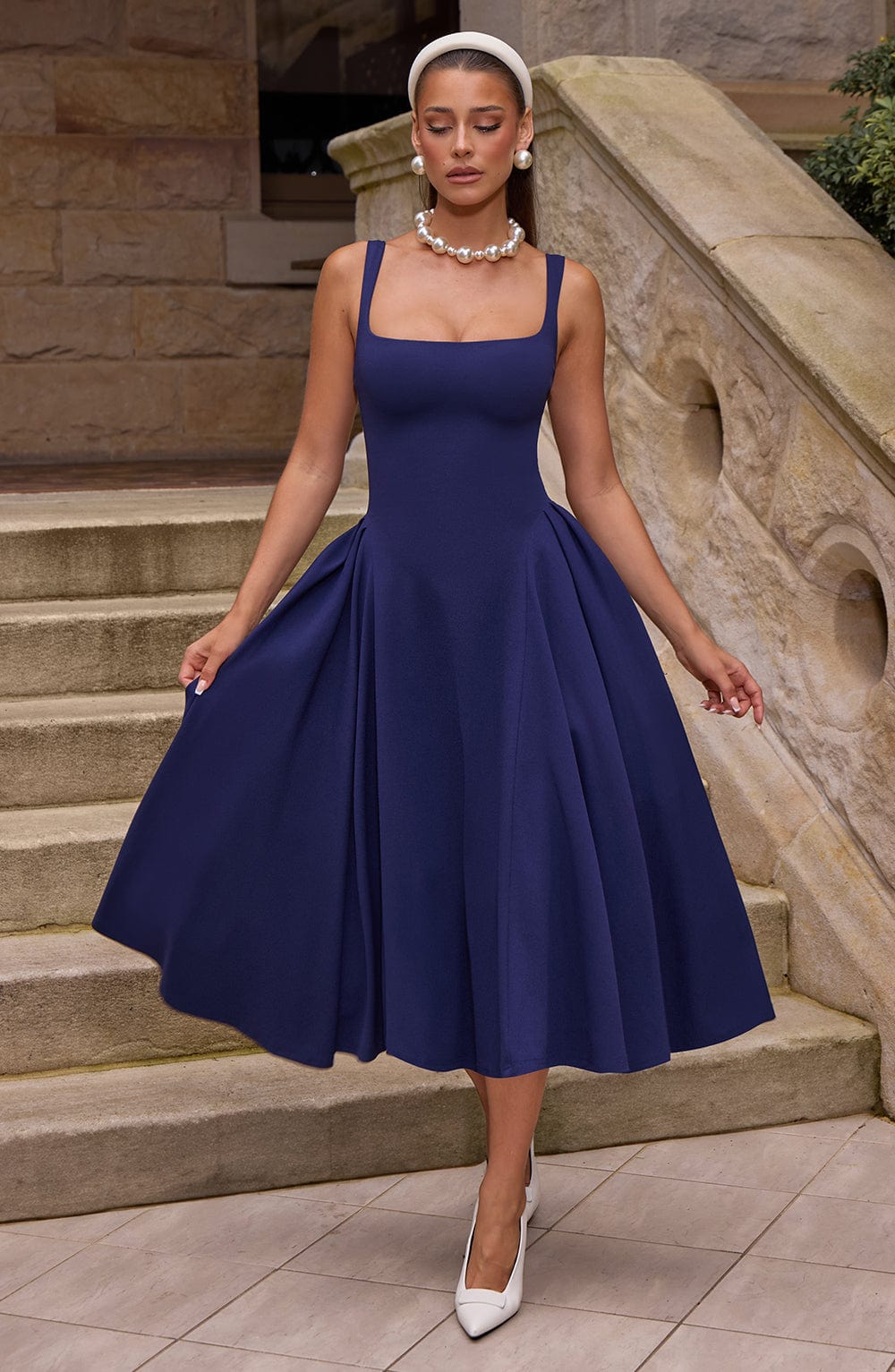 Women's Midi Dress - Elegant Stretch Crepe, Square Neckline, Godet Skirt, Fully Lined | Navy