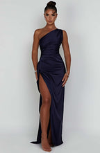 Women's One Shoulder Maxi Dress with Thigh-High Split & Draped Detailing | Navy