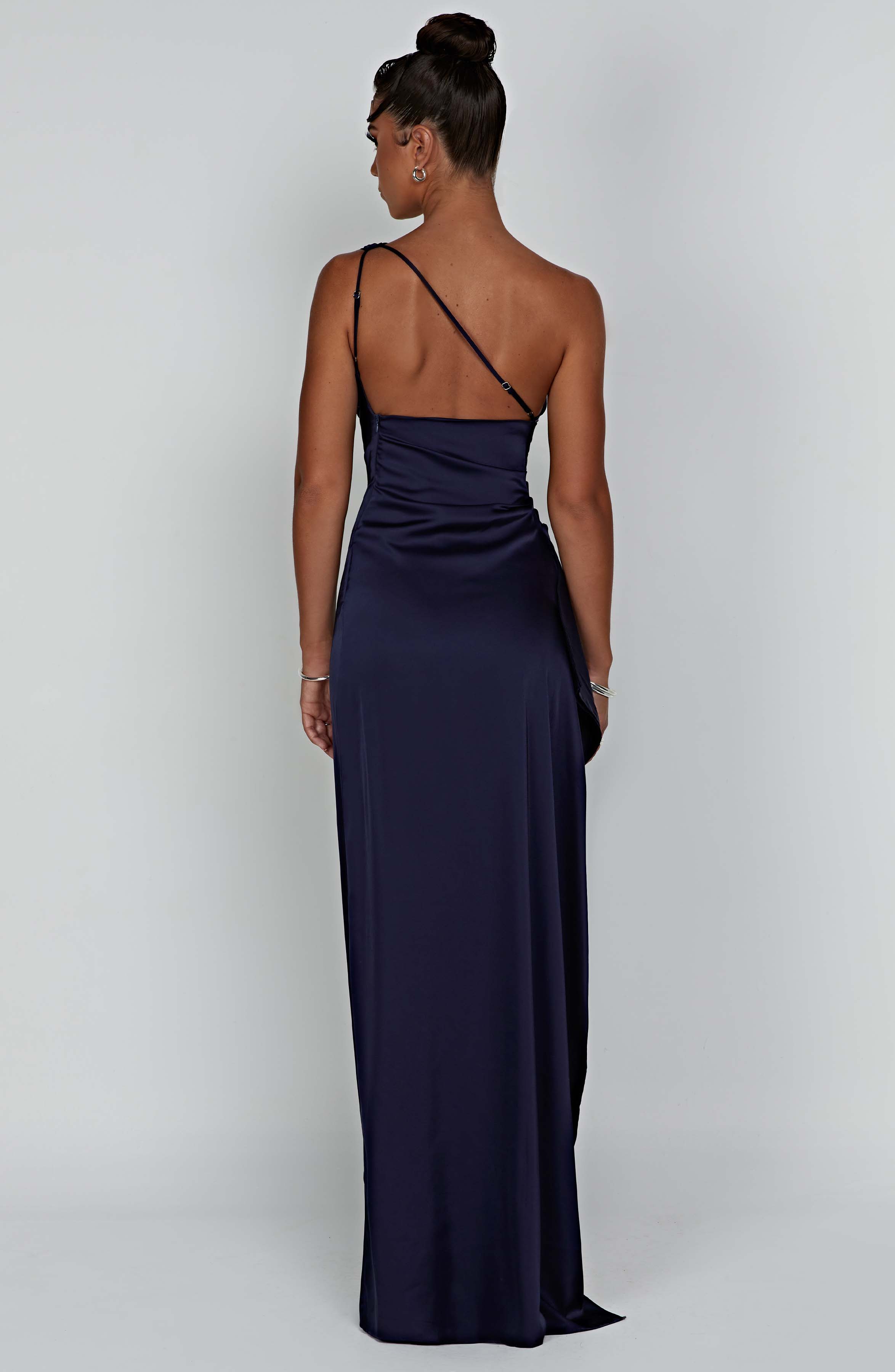 Women's One Shoulder Maxi Dress with Thigh-High Split & Draped Detailing | Navy