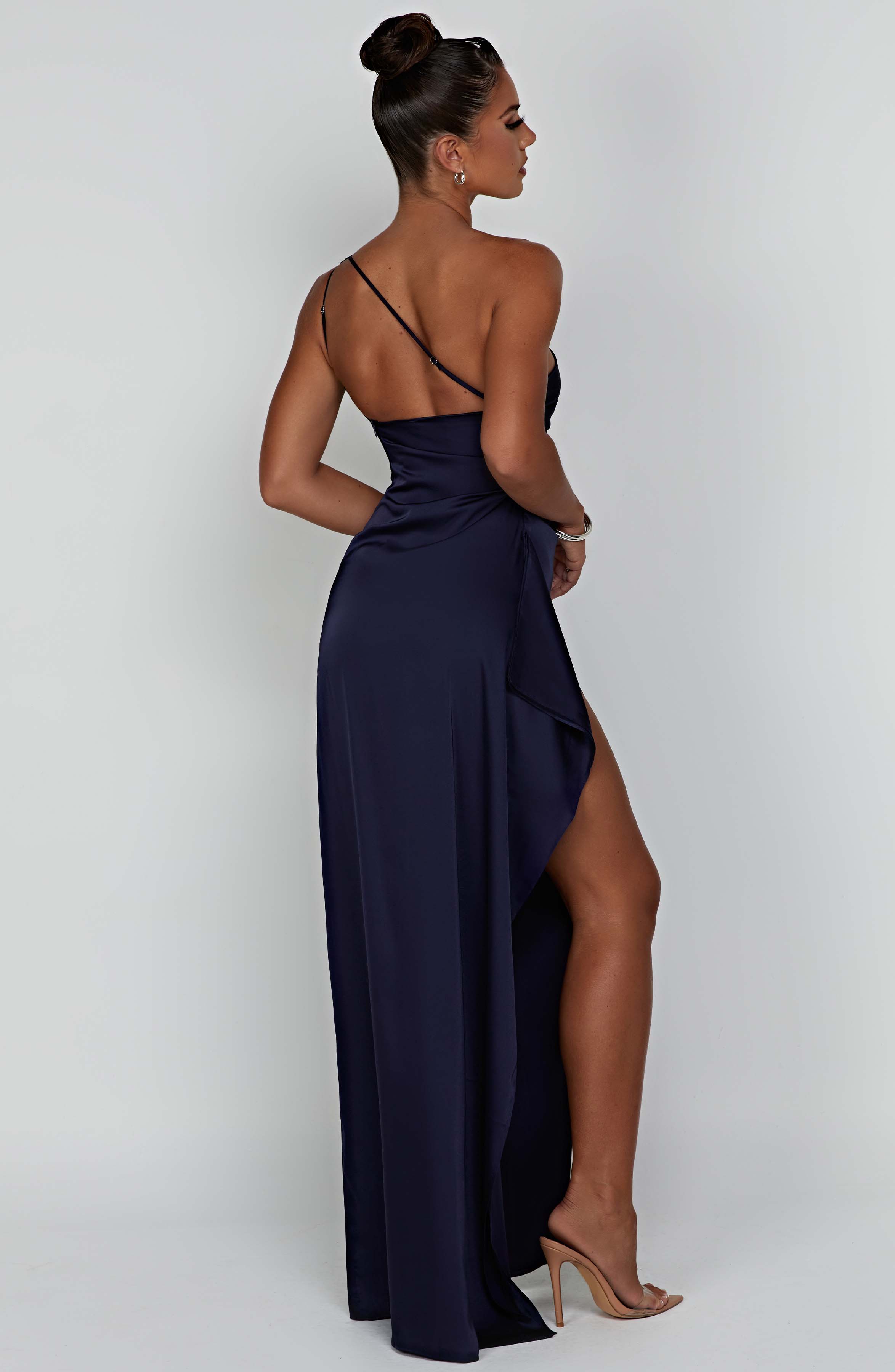Women's One Shoulder Maxi Dress with Thigh-High Split & Draped Detailing | Navy