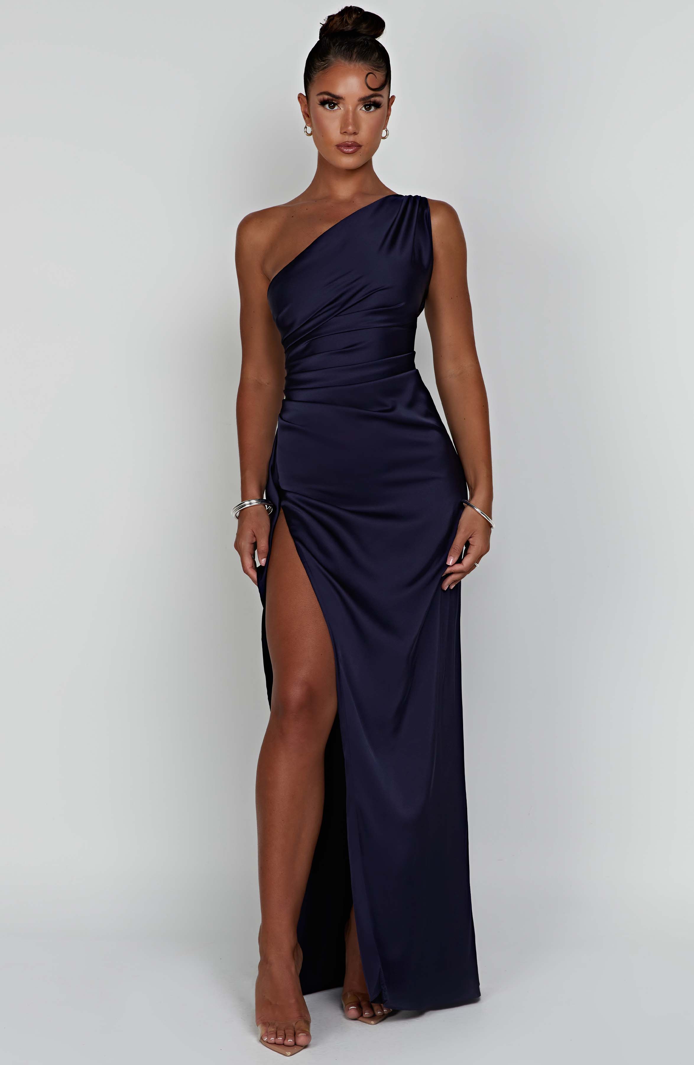 Women's One Shoulder Maxi Dress with Thigh-High Split & Draped Detailing | Navy