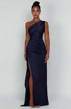 Women's One Shoulder Maxi Dress with Thigh-High Split & Draped Detailing | Navy