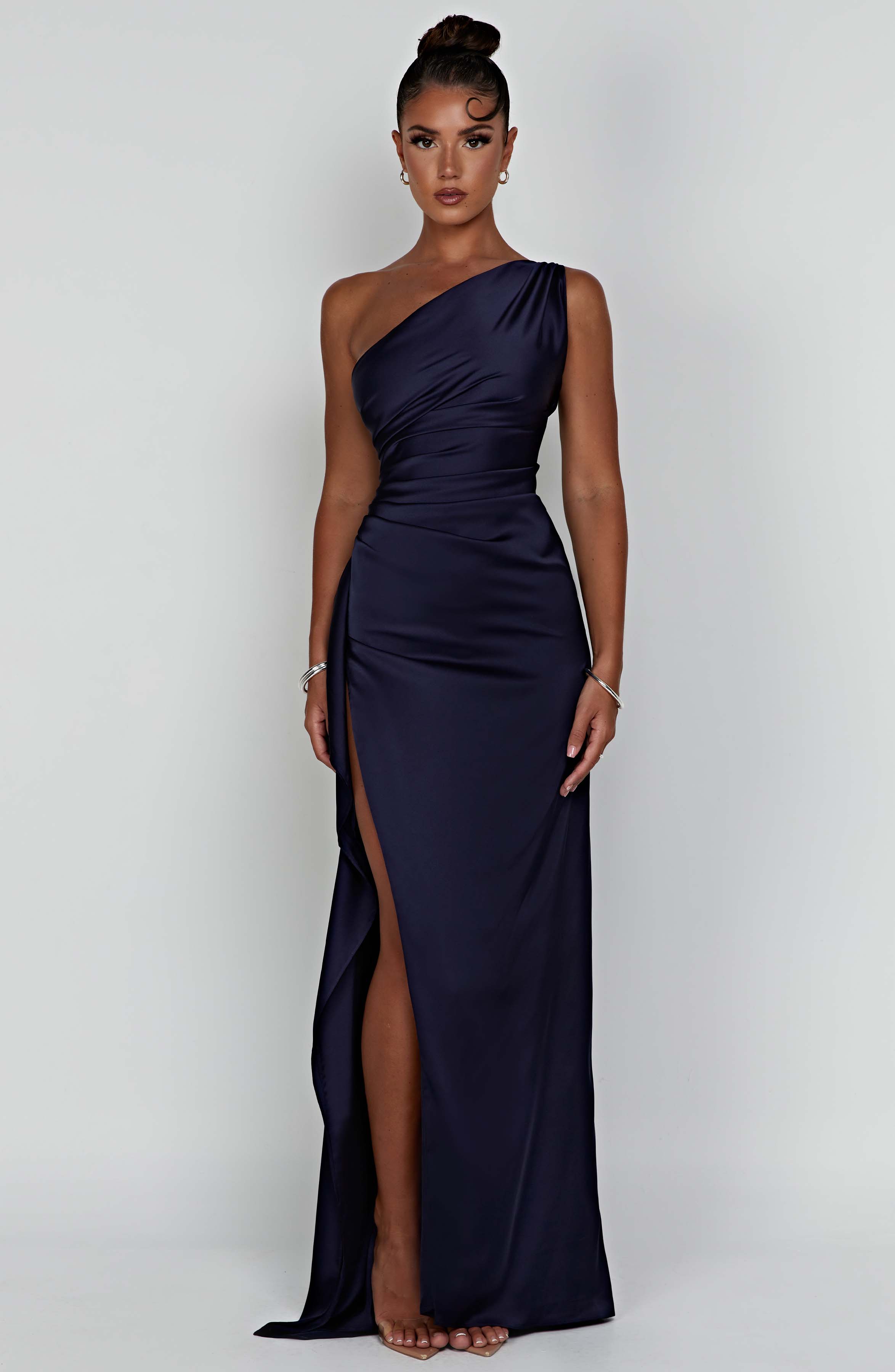 Women's One Shoulder Maxi Dress with Thigh-High Split & Draped Detailing | Navy