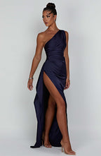Women's One Shoulder Maxi Dress with Thigh-High Split & Draped Detailing | Navy