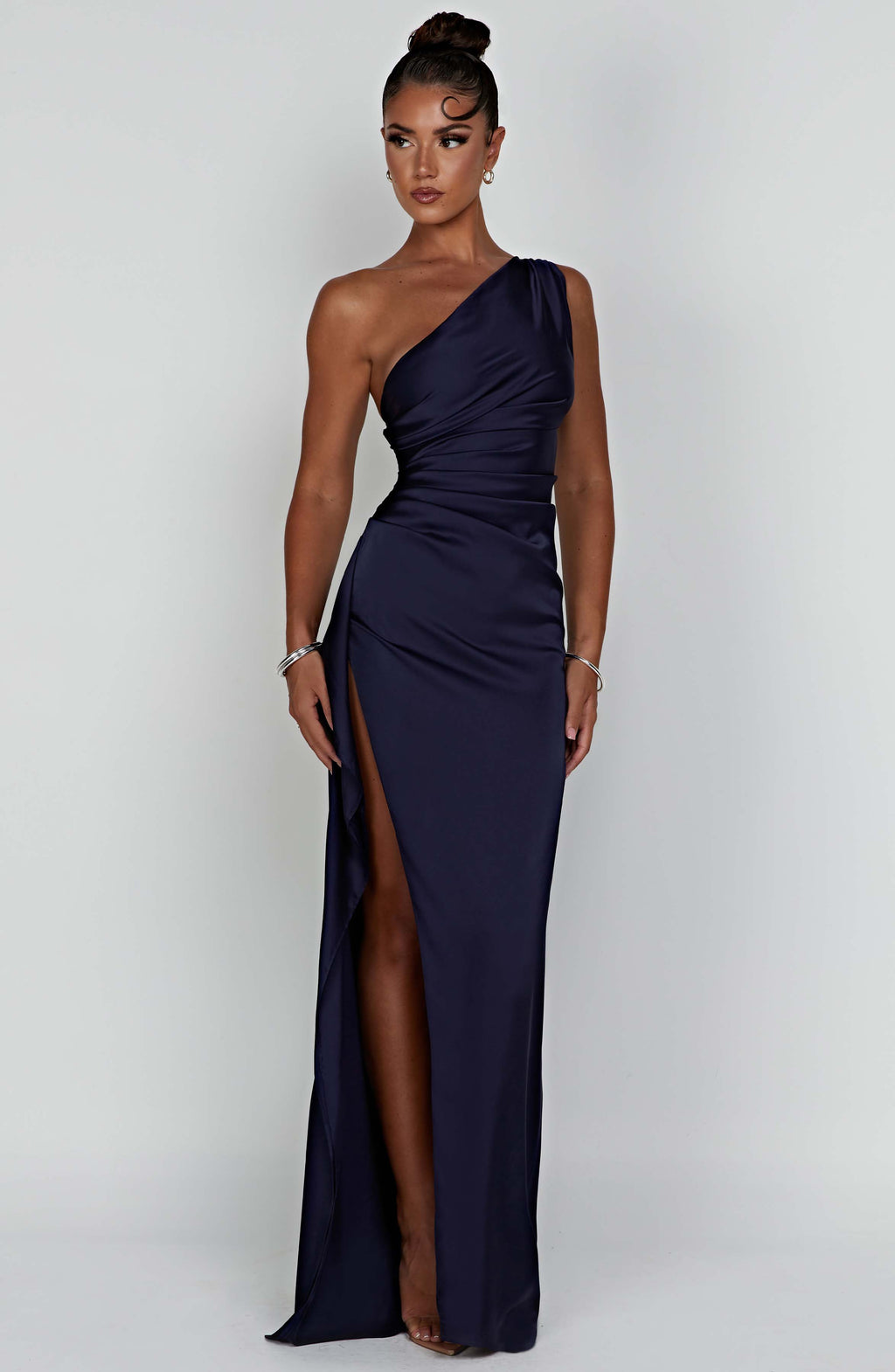 Women's One Shoulder Maxi Dress with Thigh-High Split & Draped Detailing | Navy