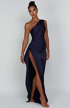 Women's One Shoulder Maxi Dress with Thigh-High Split & Draped Detailing | Navy XL