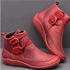 Orthopaedic Women's Leather Mid-Top Boots with Supportive Buckle Strap Red