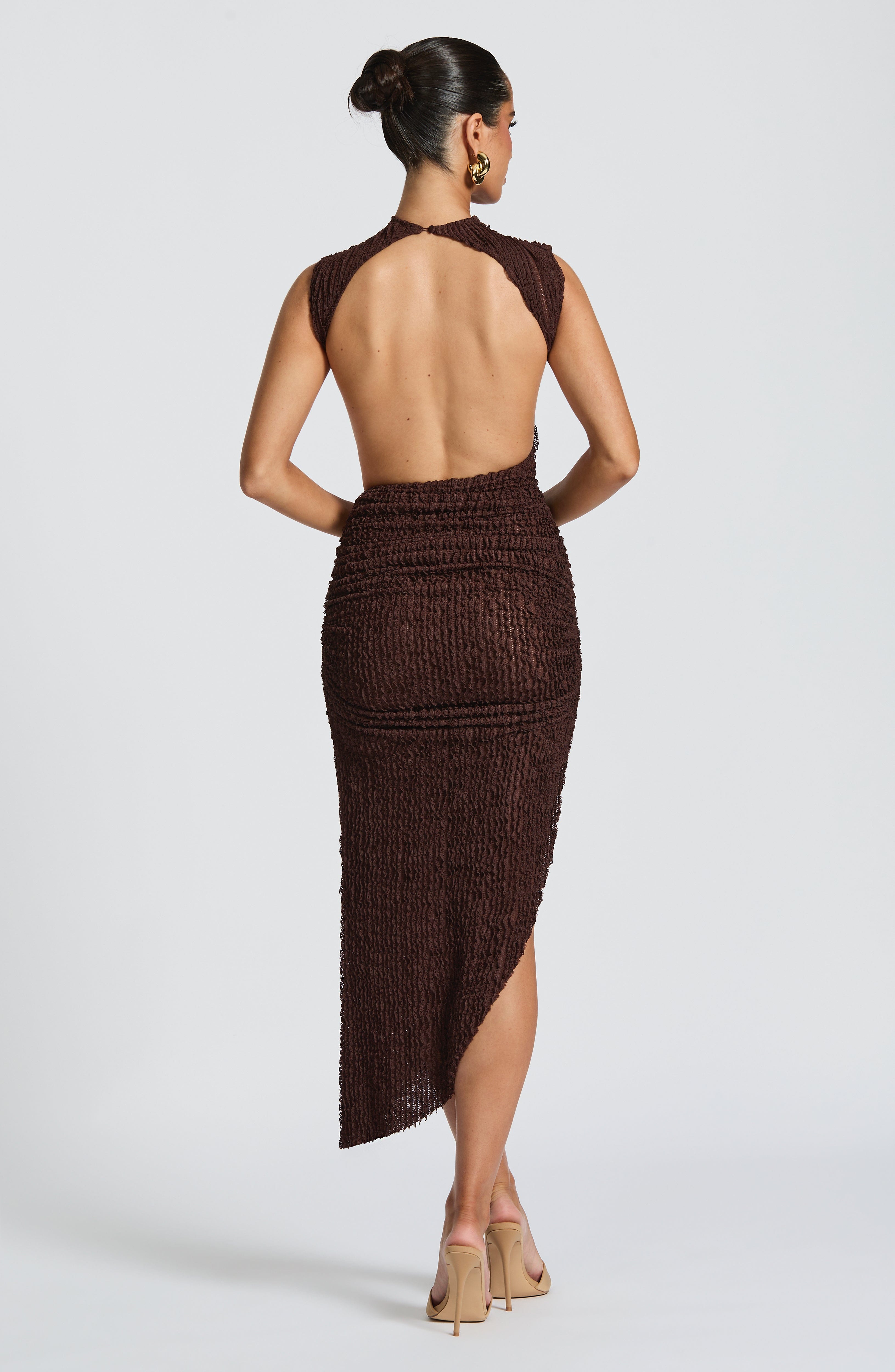Women's Midi Dress with High Neckline, Open Back, Side Cut-Outs & Ruching | Brown
