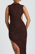 Women's Midi Dress with High Neckline, Open Back, Side Cut-Outs & Ruching | Brown