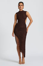 Women's Midi Dress with High Neckline, Open Back, Side Cut-Outs & Ruching | Brown