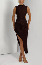 Women's Midi Dress with High Neckline, Open Back, Side Cut-Outs & Ruching | Brown